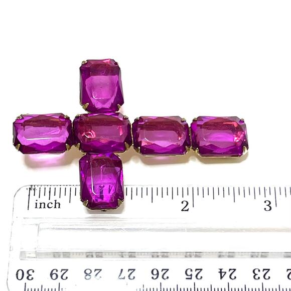 Brooch Cross Crucifix Purple Gold Vtg Acrylic S24 - Picture 4 of 4